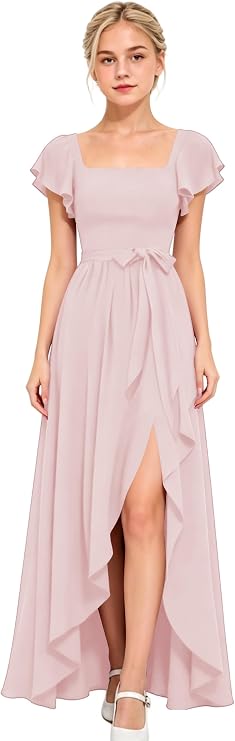 Junior Bridesmaid Dresses Teens Short Sleeve Chiffon Flower Girl Dress for Wedding Guest Formal Dress Blush Pink 12