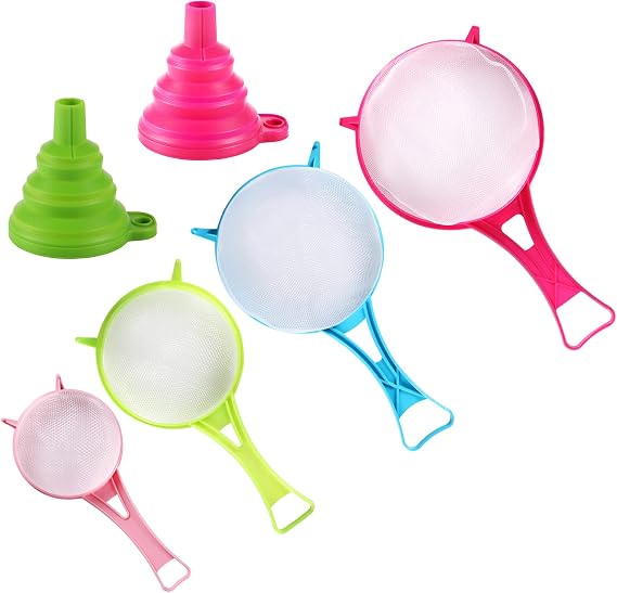 BENBO 4Pcs Plastic Mesh Strainer Colander Set, Food Soy Milk Flour Sieve Long Handle Icing Sugar Sifters Fine Strainer Tea Filter and 2 Pcs Silicone Foldable Funnel for Kitchen