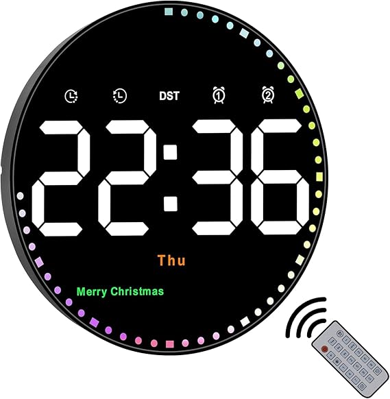 10" Large Colorful Light Digital Round Wall Clock with Remote Control, Digital Clock with 2 Alarms/Temperature/Date/Time/Festival/Adjustable Brightness/Countdown for Home, Gym, Office
