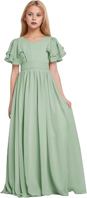 Flower Girl Dress A-Line Flowy Junior Bridesmaid Dresses Kids Ruffle Sleeve Chiffon Maxi Formal Evening Belt