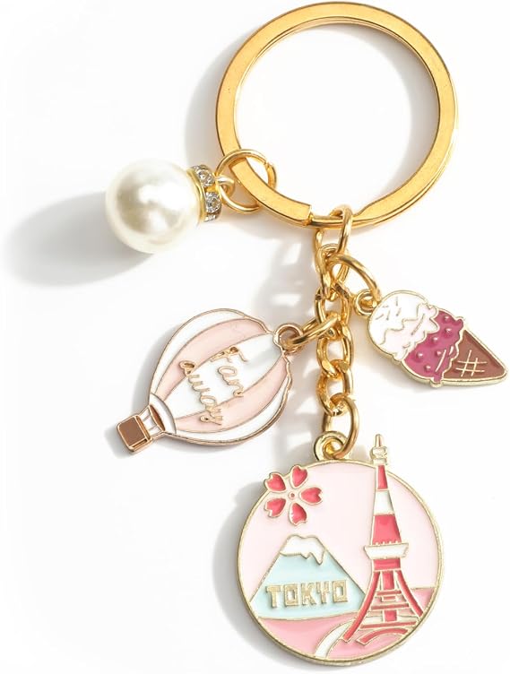 Travel Keychain,World Tour Keychain with Pearl Charm for Keys,Tokyo London Paris Sydney Travel Souvenir for Women