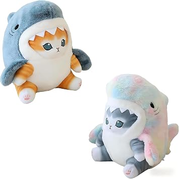 8'' Cute Shark Cat Plush Toy Fried Shrimp Cat Stuffed Animal Plushies Doll,Gift for Kids (Blue Gold+Colorful Grey)