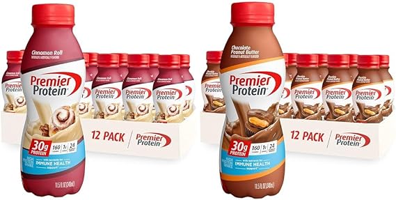 Premier Protein Shake Bundle, 30g Protein, 1g Sugar, 24 Vitamins&Minerals, Cinnamon Roll and Chocolate Peanut Butter Flavors, 12 Count