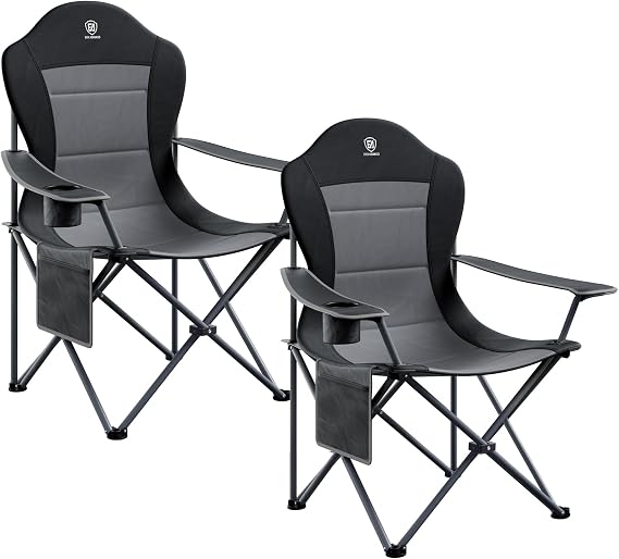 EVER ADVANCED Folding Camping Chair with High Back Padded 2 Pack Oversized Portable Lawn Chairs Lightweight Sturdy Steel Foldable Outdoor Camp Chair for Adults, Black