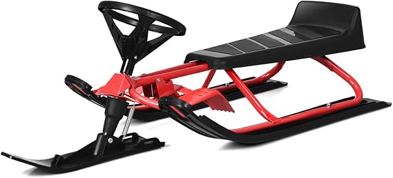 Goplus Snow Racer Sled, Ski Sled Slider Board with Steering Wheel, Twin Brakes, Retractable Pull Rope, for Kids Age 6 & up, Holds Two Children or a Teenager
