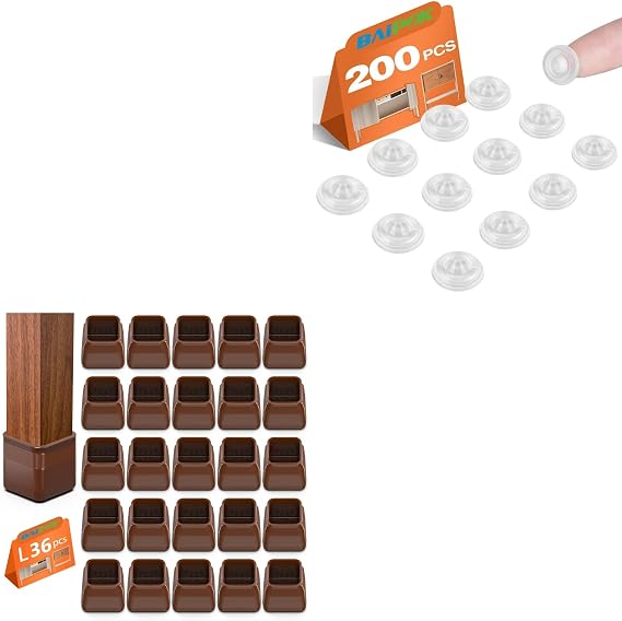 36pcs Brown Square Chair Leg Floor Protectors Large Size and 200pcs Self Adhesive Rubber Bumpers