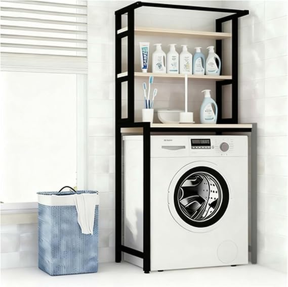 Upper Structure of Washing Machine:3-Tier Storage Cabinet & Shelf Over Washer/Dryer with Hanging Rod for Laundry Room Organization(B,Black_Three Layers)