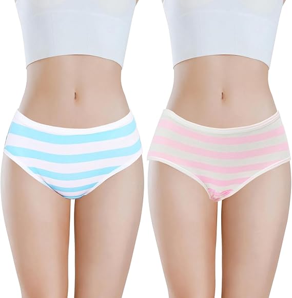 TOMORI Japanese Striped Panties Anime Bikini 2 Pack Cotton Briefs Cosplay Underwear Blue/Pink One Size