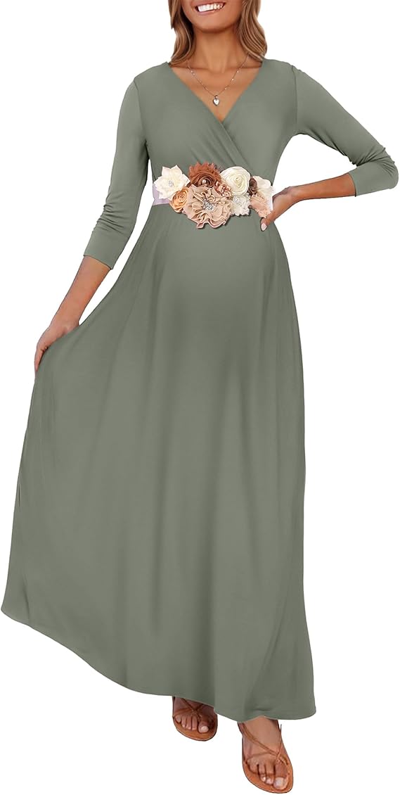 KIM S Maternity Maxi Dress for Baby Shower and Photoshoot | V neck, Empire waist, Flowy A line fit, Sizes S-3XL