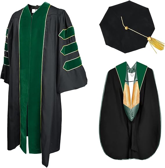 GradPlaza Doctoral Graduation Gown Set with Gold Piping Hood and Tam Green