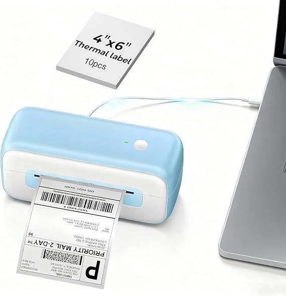 USB Thermal Shipping Label Printer, 4x6 Label Printers for Shipping Packages, B246D Printer Compatible with Windows Mac Linux Chrome, Used for Amazon, Ebay, USPS, Shopify (Blue&White)