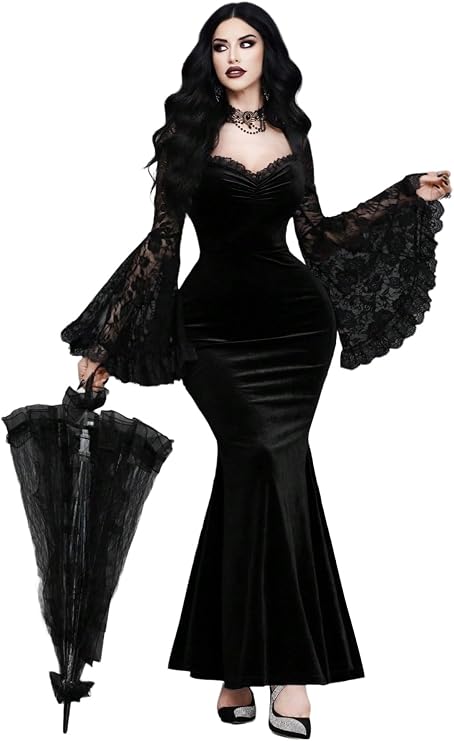 GothDark Gothic Dresses for Women Velvet Lace Bell Sleeve Mermaid Dress | Sweetheart Neck, Soft Fabric, Flared Fishtail Hem, Vintage Romantic, for Halloween, Date Night, and Evening Events