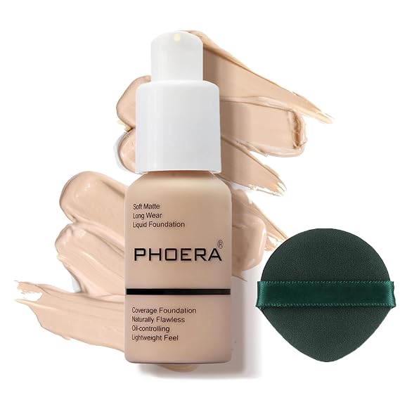 PHOERA 30ml Foundation Liquid,Full Coverage Foundation 24HR Matte Oil Control Concealer Face Liquid Foundation,Flawless Cream Smooth Brighten Long Lasting (102# Nude)