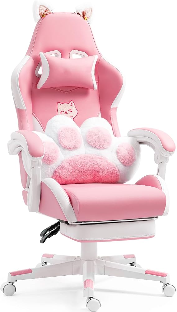 Cute Ergonomic Gaming Chair with Footrest, Girls Pink Gaming Chair with Cat Ears & Paw Lumbar Pillow for Adults Women Teens, 310 Lbs Capacity (Cute Pink)