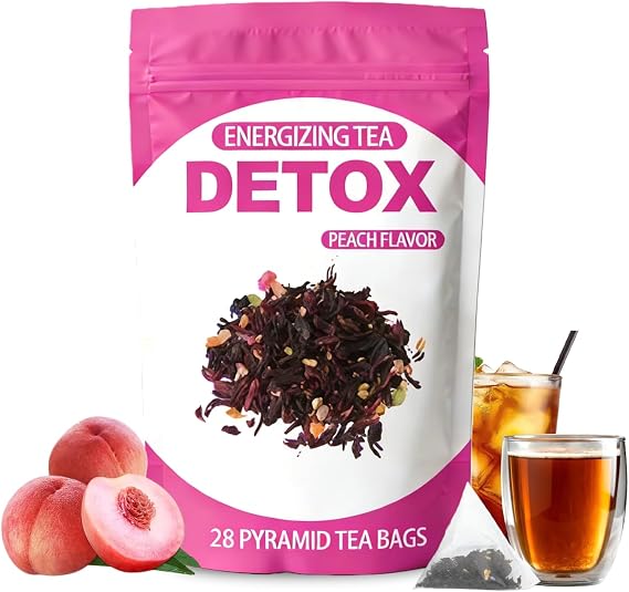 Peach Flavor Detox Energizing Slimming Tea - 28 Pyramid Tea Bags, Natural Belly Fat Burner, Bloating Relief, Weight Loss Support.