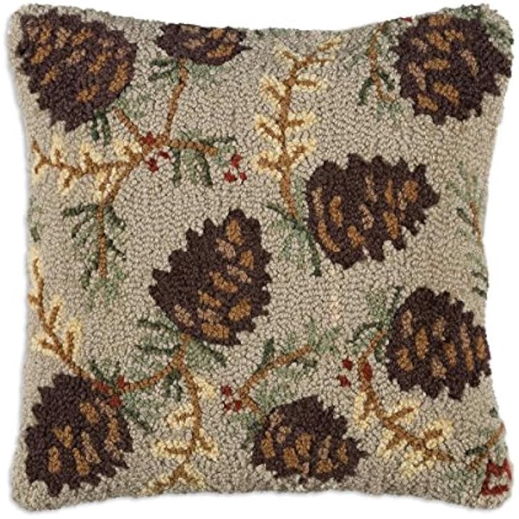 BLACK FOREST DECOR North Woods Pinecones Hooked Wool Pillow, Decorative Accent Pillow, 18 W x 18 L