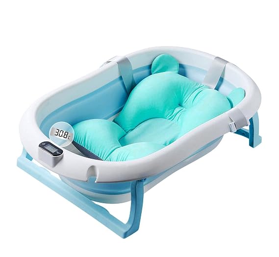 Baby Bath Foldable Newborn Tub with Soft Bath Mat and Real Time Water Temperature Display, Blue