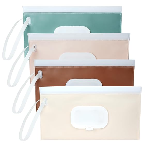 4 Pack Wipes Dispenser, Seposeve Portable Baby Wipe Case, Refillable Baby Wipes Container, Wipe Holder, Keeps Wipes Fresh, Reusable Wet Wipe Pouch for Outdoor Outing, Camping, Hiking. PureColor