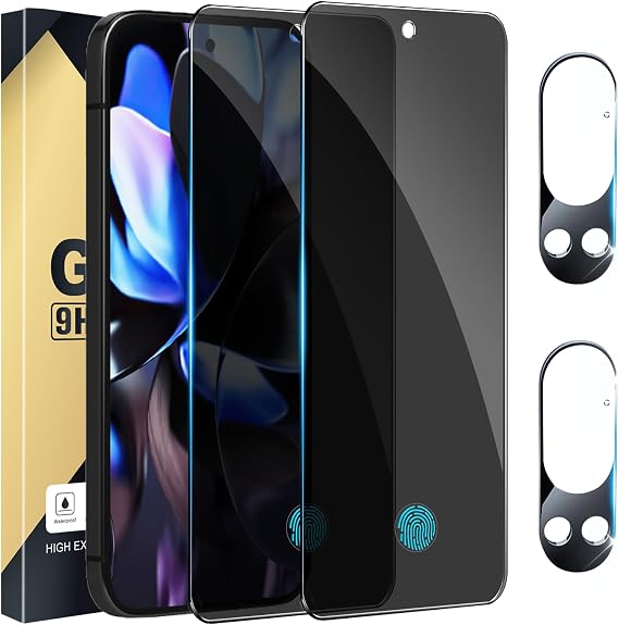 [2+2 Pack] Privacy Screen Protector Compatible with Pixel 9 Pro 5G, 2 Tempered Glass with 2 Camera Lens Protectors, 9H Hardness, Bubble Free, Anti Spy