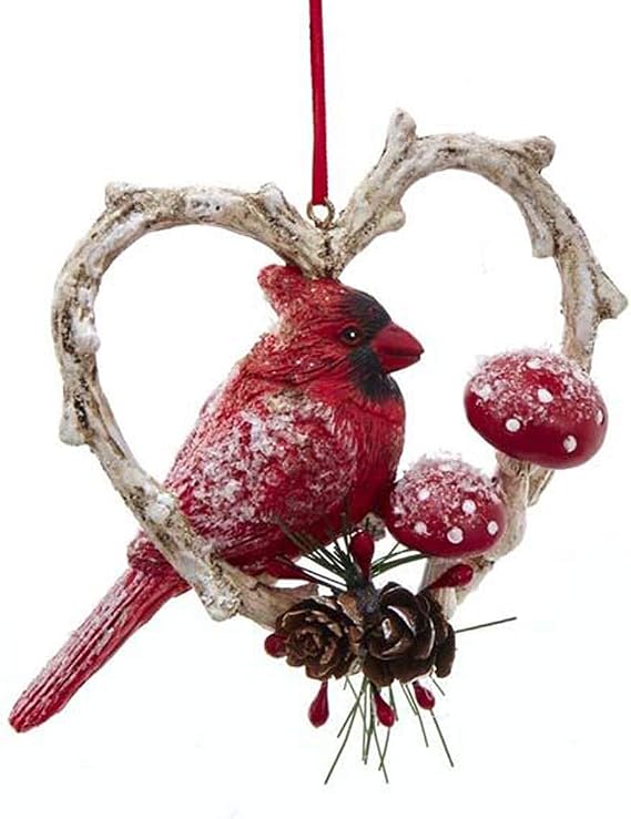 KSA Kurt Adler Red Cardinal Birds in Branch Heart Ornament - L