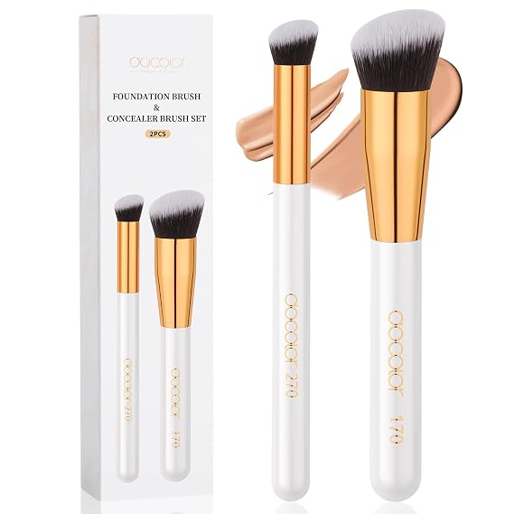 docolor Foundation Brush & 270 Concealer Brush Set, 2PCS Professional Makeup Brushes Angled Kabuki Brush for Flawless Liquid, Cream, Sculpting, Mineral Blending and Buffing