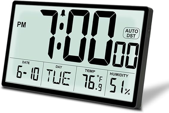 Dual Power Digital Wall Clock, USB & Battery Operated, Adjustable Backlight Temp Humidity Auto DST Desk Wall Clock Black