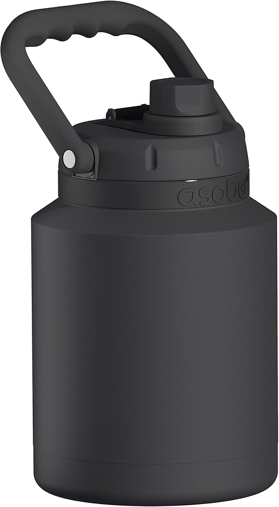 Asobu Mini Stainless Steel Double Walled Vacuum Insulated 33 Ounce Jug With Full Hand Easy Carry Handle and Pop Up Straw (Black)