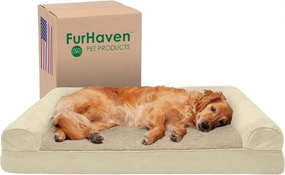 Furhaven Cooling Gel Dog Bed for Large Dogs w/ Removable Bolsters & Washable Cover, For Dogs Up to 95 lbs - Plush & Suede Sofa - Clay, Jumbo/XL