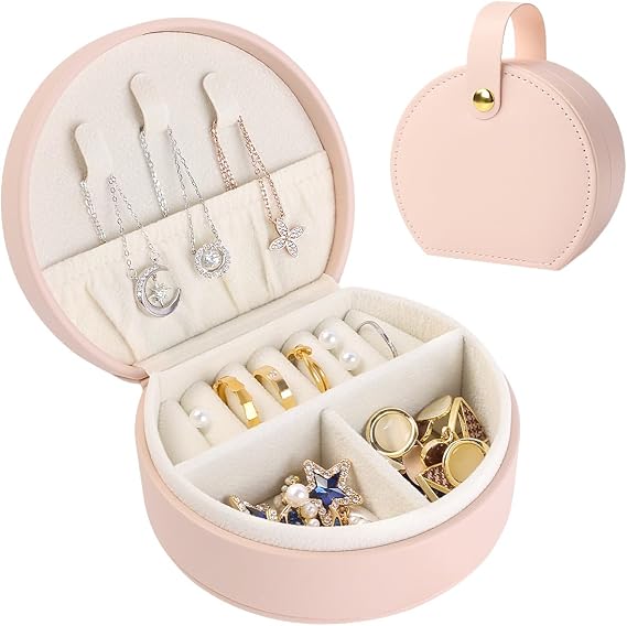 Mini Jewelry Box Organiser, Travel Jewelry Box for Women Small PU Leather Jewellery Storage Case with Zipper Portable Jewelry Gift Box for Rings Earrings Necklace for Women Girls - Bright Pink