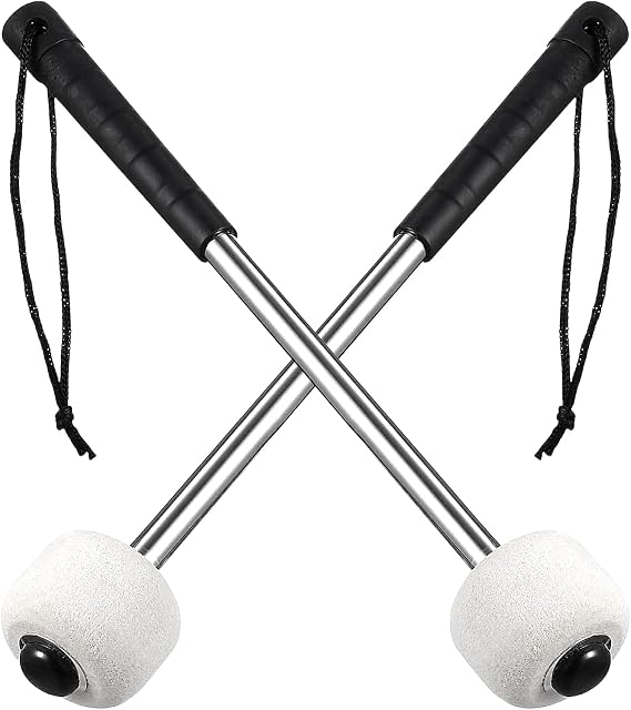 Felt Head Drum Mallets 2 Pack – Percussion Timpani Sticks with Stainless Steel Handle and Storage Bag, Anti-Slip Grip, Compatible with Snare and Bass Drum (White)