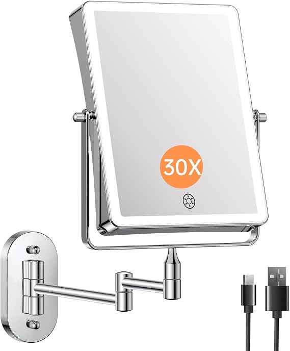 8.7" 4500mAh Rechargeable Wall Mounted Makeup Mirror (Chrome) | Double Sided 1X 30X Rectangle Wall Mounted Magnifying Mirror with Light, 3 Color Setting, Extended Arm 360 Foldable