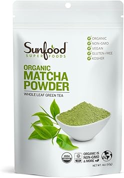 Sunfood Superfoods Organic Matcha Powder - Matcha Green Tea Latte Powder, Enjoy Iced or Hot, Caffeinated, Zero Added Sugar, Non GMO, USDA Organic, Gluten Free, Vegan - 4 oz