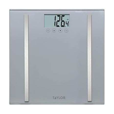 Taylor Body Composition Scale with Body Fat, Body Water and Muscle Mass Analysis - 11.8 x 11.8 in Tempered Glass Platform, 400 lb Capacity, Tracks Up to 8 Users, Silver