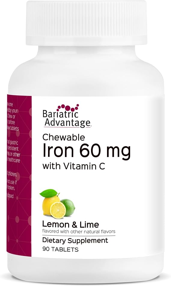 Bariatric Advantage Chewable Iron 60 mg with Vitamin C for Increased Absorption and Utilization, Easily Digestible for Gastric Bypass and Sleeve Gastrectomy Surgery Patients - Lemon Lime, 90 Count