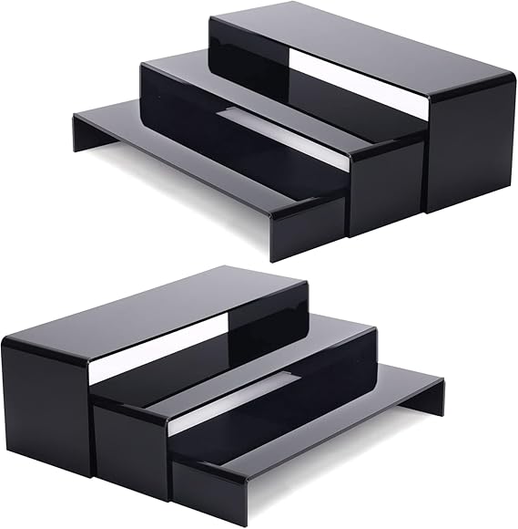 ANDGOO 6Pcs Black Large Acrylic Risers, 2 Set(11.2”L~11.6”L~12”L) Rectangular Showcase Collectibles Display Shelf, Retail Desktop Display Stand for Organization and Decoration