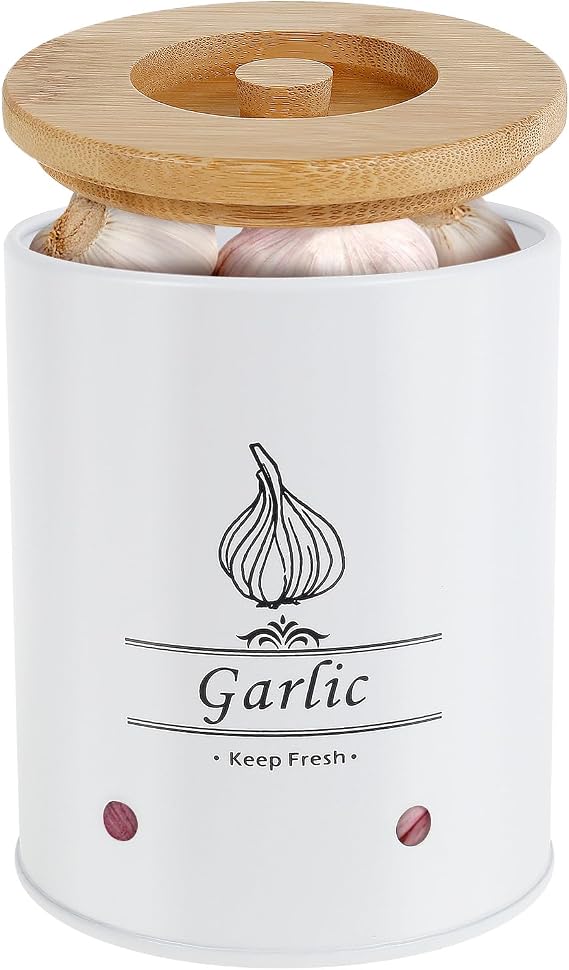 Large Ceramic Garlic Keeper, Farmhouse Style Garlic Storage Box with Wood Lid, Ventilated Garlic Saver, 2.3L, White