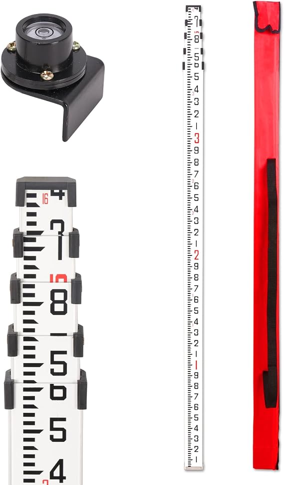 16FT Aluminum Grade Rod & Telescopic Leveling Rod - 5-Stage Survey Rod with Bubble Level, Dual-Sided Grade Stick for Laser Level, Portable Measuring Stick for Surveying