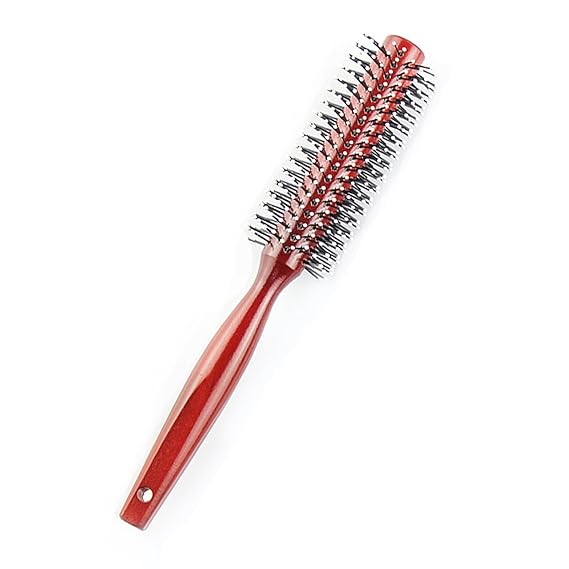 Round Curling Comb with Original Wooden Handle Made of Pure Beech Wood,Gentle Nylon Bristles,For All Hair Styles,Natural and Gentle Hair Brush (Red)