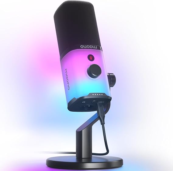MAONO Yazılımlı XLR/USB Oyun Mikrofonu, Akış Podcast Vokal Kaydı için RGB'li Dinamik PC Mikrofonu, Sessiz Düğmeli Bilgisayar Mikrofonu, Kazanç Düğmesi, Ses Kontrolü, Masaüstü Standı PD100X