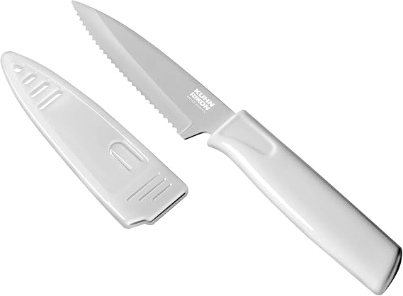 Kuhn Rikon COLORI Non-Stick Serrated Paring Knife with Safety Sheath, 4 inch/10.16 cm Blade, White
