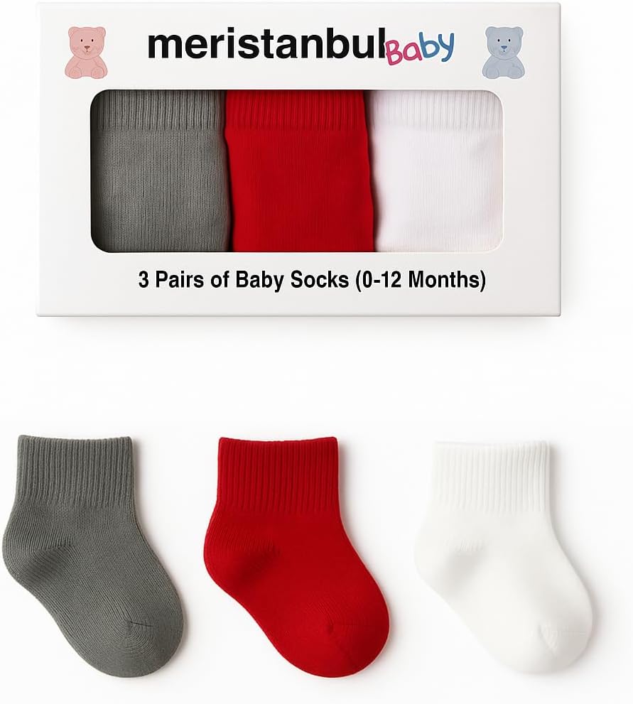 Baby – Erkek ve Kız Bebekler İçin 3’lü Pamuklu Çorap Seti, Kutulu | Kırmızı, Gri, Beyaz 0–12 Ay