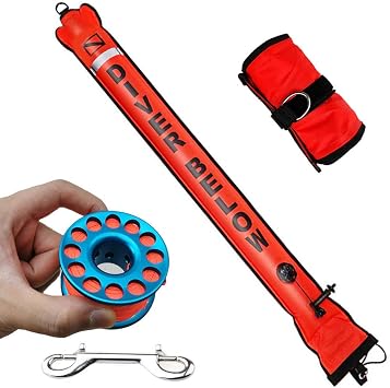 DSMB Surface Marker Buoy with 100ft Finger Spool Reel Diver Below Signal Flag Tube Scuba Diving Equipment Open Bottom Set