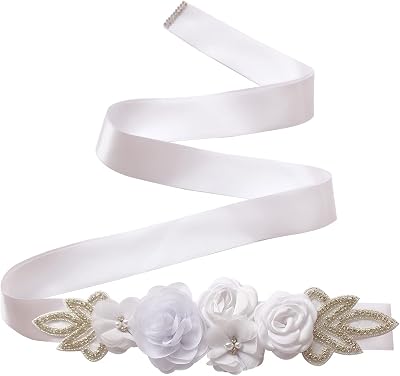Huralona Sash Belt 106 Inch Satin Ribbon with Handmade Flowers Pearls Rhinestone Elegant for Wedding Bridal Dress Maternity