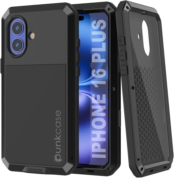 Punkcase for iPhone 16 Plus Metal Case | Heavy Duty Military Grade Armor Cover | Hard Aluminum & TPU Design W/Tempered Glass Screen Protector for iPhone 16+ Plus (6.7") (2024) [Black]