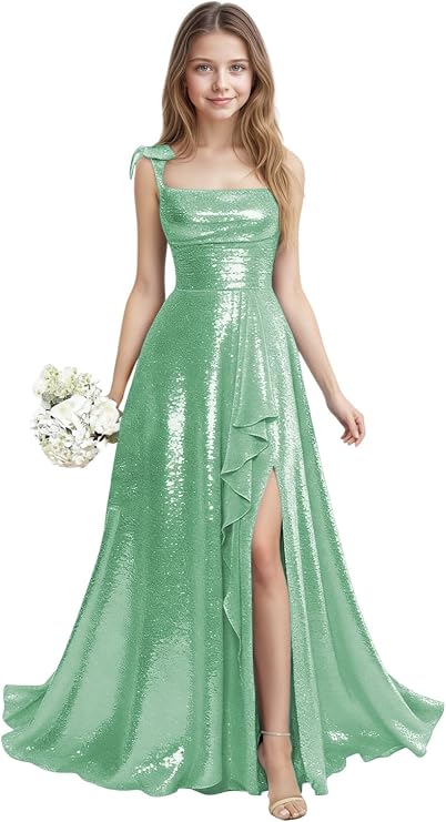 Sparkly Sequin Junior Bridesmaid Dress Long Spaghetti Strap Prom Dresses for Teen Girls Wedding Pageant Gown