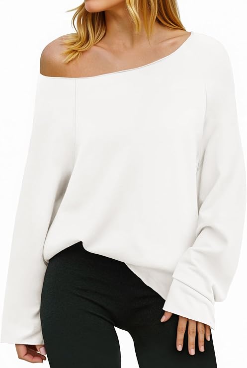Fisoew Womens Off The Shoulder Tops Sweatshirts Lightweight Oversized Pullovers Long Sleeve Y2k Loose Fit Tunic Tops