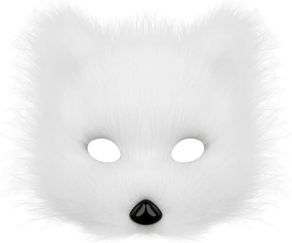 Soochat Fox Mask Half Face Wolf Mask Plush Therian Masks for Cosplay Halloween Masquerade Costume Party Cosplay Props (White)
