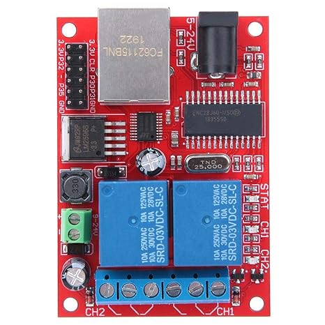 2-Way Relay Board, DC5V-24V, 2 Relays, Absorption Diode Circuits, Active High, 2 Outputs, Ethernet Controller Module, Cloud Remote Control,