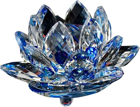 Feng Shui 80 mm Quartz Crystal Lotus Flower Crafts Glass Ornaments Figurines Home W3801 (Blue)