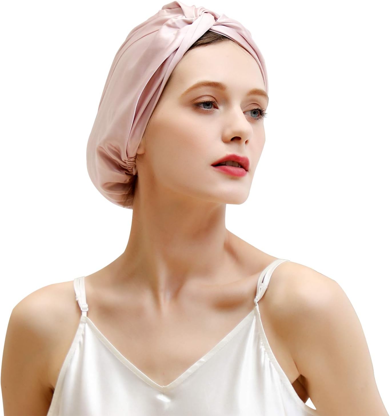 ZIMASILK 22 Momme 100% Mulberry Silk Sleep Cap for Women Hair Care,Natural Silk Hair Wrap for Sleeping, Bonnet with Elastic Stay On Head, Classic Pleated1Pc, Light PlumPink